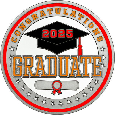 Orange "Congratulations Graduate" with Red 2025, Rim, Tassel & Ribbon